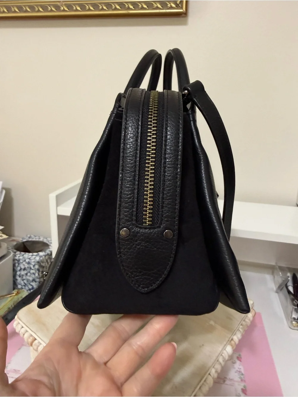 Coach Black Pebbled Leather Satchel with Suede Sides And Crossbody Strap